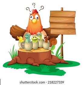 Illustration of a chicken with many cracking eggs