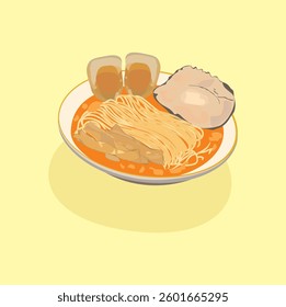 Illustration of chicken noodles with meat and egg topping.