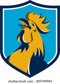 Illustration of a chicken rooster crowing looking up viewed from the side set inside shield crest on isolated background done in retro style. 