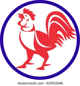 Illustration of a chicken rooster crowing looking up viewed from the side set inside circle on isolated background done in retro style. 