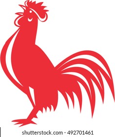 Illustration of a chicken rooster crowing viewed from the side set  on isolated white background done in retro style. 