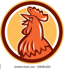 Illustration of a chicken rooster head crowing looking up viewed from the side set inside circle on isolated background done in retro style. 