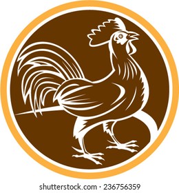 Illustration of a chicken rooster standing viewed from side set inside circle on isolated background done in retro woodcut style. 