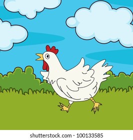 Illustration of chicken running in field