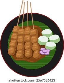 Illustration of chicken satay on a plate