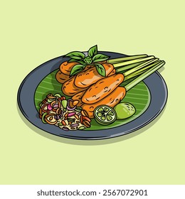 Illustration of chicken satay skewers or satay lilit from Bali, Indonesia