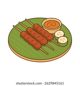 Illustration of chicken satay skewers served with spicy peanut sauce and sliced rice cakes, presented on a round banana leaf plate in traditional style.