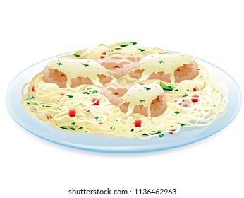 Illustration Of Chicken Scampi With Chicken On Top Of Angel Hair Pasta