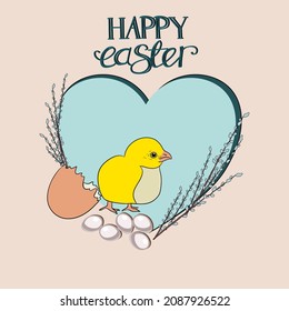 Illustration with chicken with shells and willow sprigs on a blue heart background, flat design