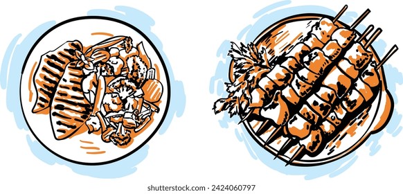 illustration Chicken skewers with slices of apples and chili, Marinated grilled healthy chicken, line art, drawn