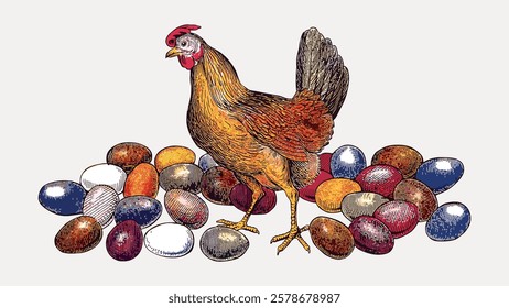 Illustration of a chicken surrounded by colorful eggs. The chicken stands proudly among eggs. Vibrant eggs and chicken create a lively, rustic scene. Vintage bird illustration vector.