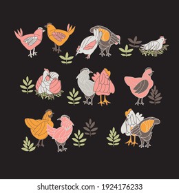 illustration with chicken, vector design for paper, fabric