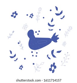 Illustration with chickens and leaves in Scandinavian style on them isolated on a white background. Stock vector illustration for decoration and design, children's books and coloring, stickers, fabric