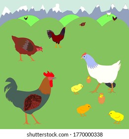ilustración con pollos en el fondo con colinas de césped y altas montañas