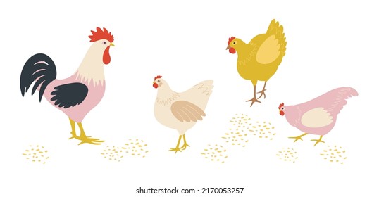 Illustration of chickens and a rooster pecking cereals. Farm birds