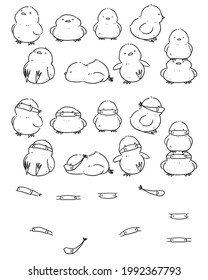 Illustration of chicks, line drawing. Chick with Surgical mask