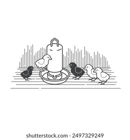 illustration of chicks and water container.