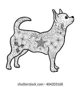 Illustration "Chihuahua" was created in doodling style in black and white colors.  Painted image is isolated on white background.  It  can be used for coloring books for adult.
