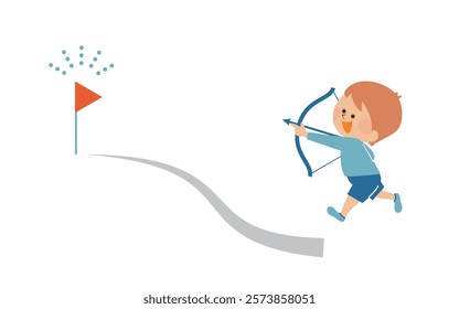 Illustration of a child aiming at a target with a bow and arrow