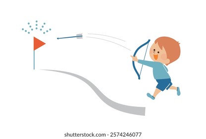 Illustration of a child aiming at a target with a bow and arrow