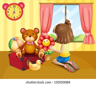 Illustration of a child arranging her toys inside the house