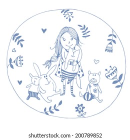 Illustration of a child arranging her toys with decor