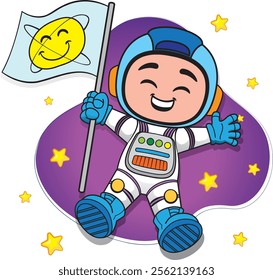 Illustration of a child astronaut in space holding a flag. Ideal for promotional and educational materials