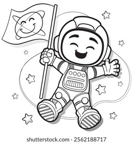 Illustration of a child astronaut in space holding a flag. Ideal for promotional and educational materials