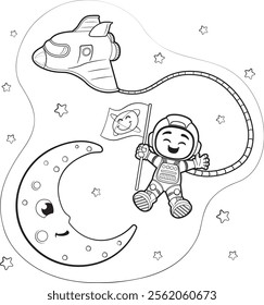 Illustration of a child astronaut in space with the moon and a special rocket. Ideal for promotional and educational materials