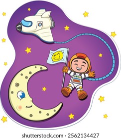 Illustration of a child astronaut in space with the moon and a space rocket. Ideal for promotional and educational materials