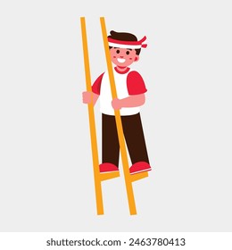 Illustration of a child balancing on stilts, wearing a headband and smiling. The style is playful and colorful, predominantly red and yellow. Indonesia Independence Day