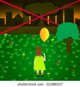 Illustration of a child with a balloon looking at the atomic explosion,city