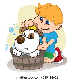 Illustration of a child bathing in a dog. Ideal for visual, informative and institutional material communication