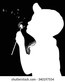 Illustration With Child Blowing On Dandelion Isolated On Black Background