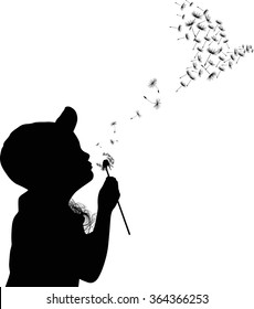 Illustration With Child Blowing On Dandelion Isolated On White Background