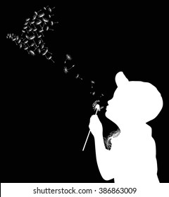 Illustration With Child Blowing On Dandelion Isolated On Black Background