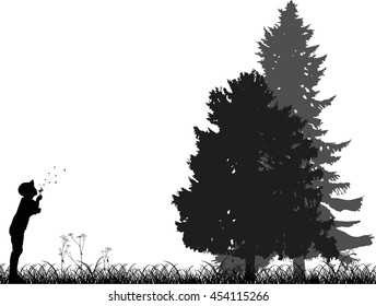illustration with child blowing on dandelion near high trees isolated on white background