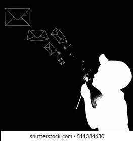 Illustration With Child Blowing On Dandelion Isolated On Black Background