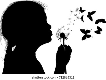 Illustration With Child Blowing On Dandelion Isolated On White Background