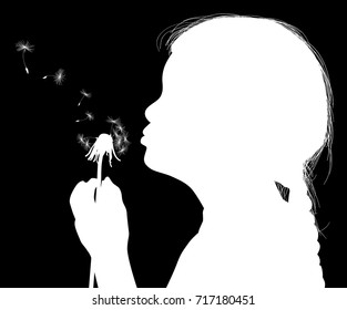 Illustration With Child Blowing On Dandelion Isolated On Black Background