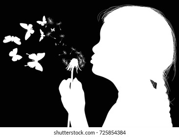 Illustration With Child Blowing On Dandelion Isolated On Black Background