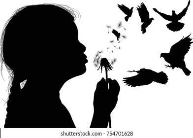 Illustration With Child Blowing On Dandelion Isolated On White Background