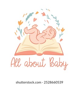 Ilustração de criança e livro. Conceito vetorial de informações sobre o bebê recém-nascido. Logotipo, design, sinal.