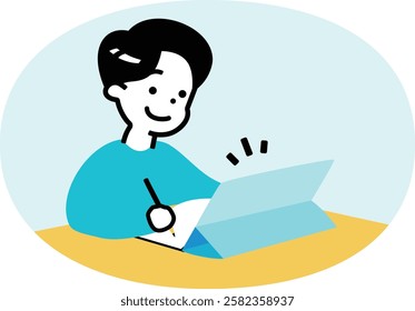 Illustration of a child (boy) of about elementary school age studying and learning on a tablet and notebook_Image related to children's cram school and ICT education classes