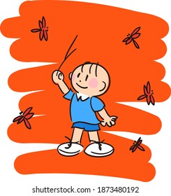 Illustration of a child chasing a red dragonfly