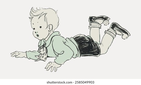 Illustration of a child crawling, wearing a sweater and shorts. The child is depicted in a playful pose, showcasing a classic, vintage art style. Vintage art illustration, vector.