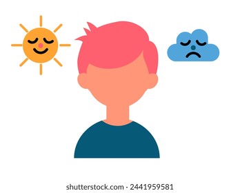 Ilustración de un niño con diferentes estados emocionales: triste y feliz. Desarrollo emocional, tema de autodescubrimiento. Dualidad emocional.