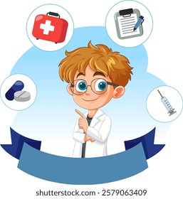 Illustration of a child doctor with medical items