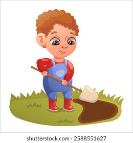 Illustration of a child doing gardening and animal husbandry