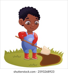 Illustration of a child doing gardening and animal husbandry